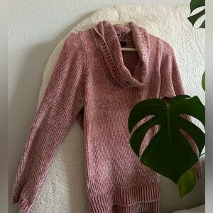 Soft rose chenille sweater with cowlneck.